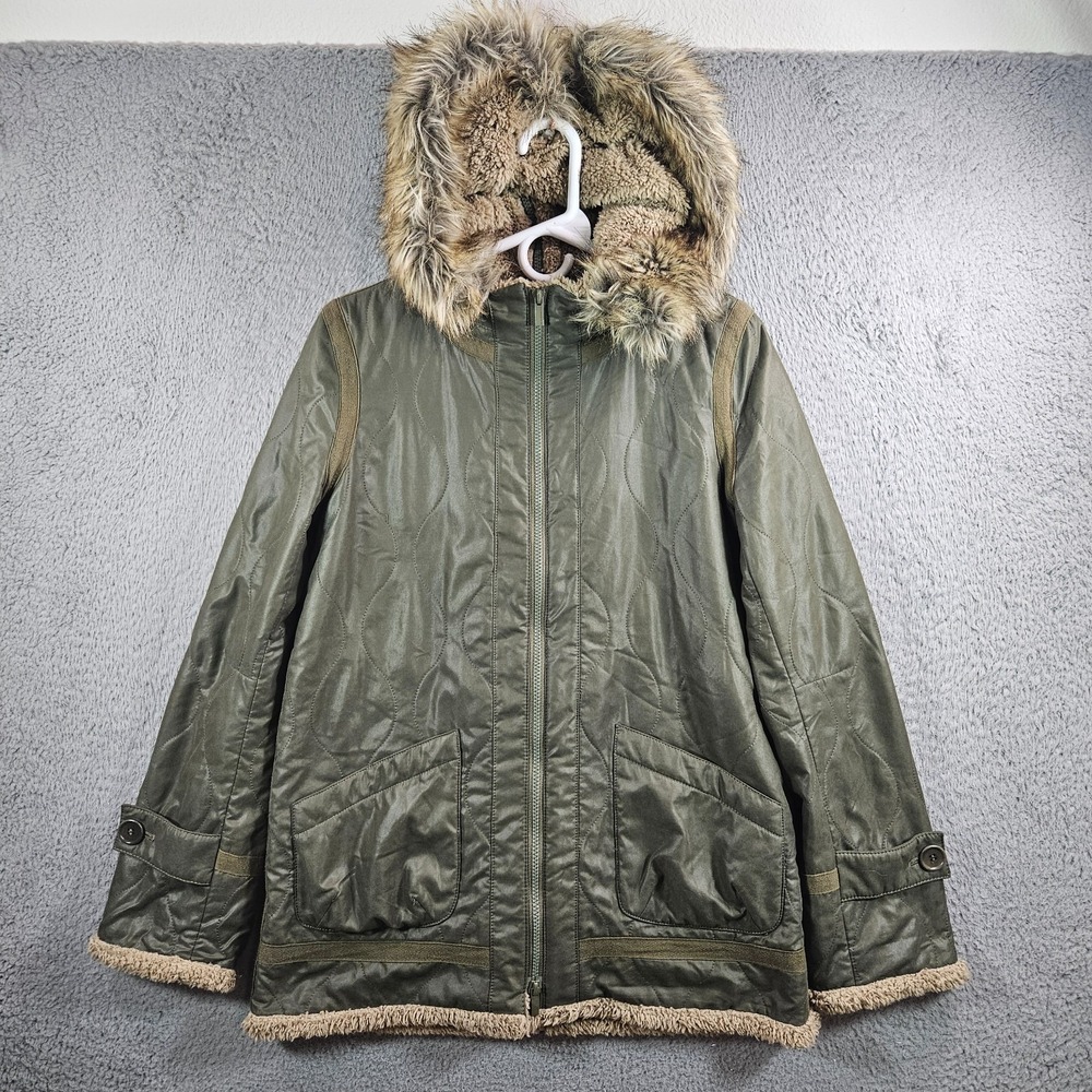 BCBG Maxazria Jacket Hooded Women Small Sherpa Lined Olive Green - Pls Read